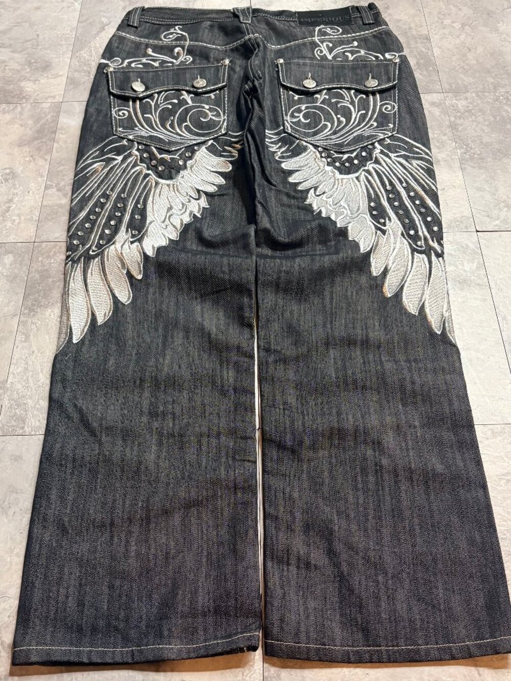 Y2K Imperious Wing Embroidered Baggy Jeans 34x32